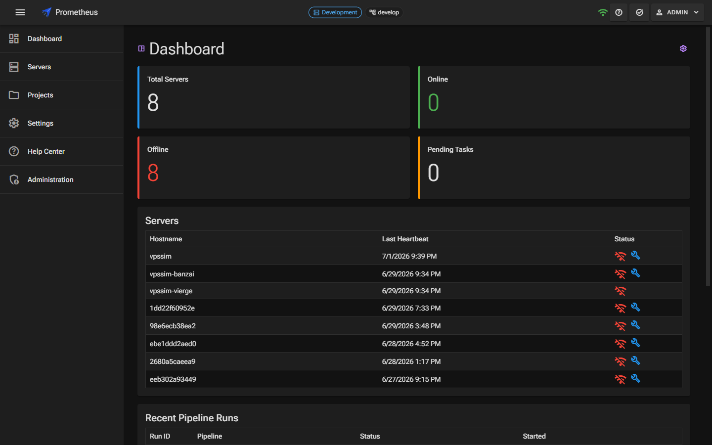 The Aetheus dashboard with server count tiles and a table of managed servers with last-heartbeat times.