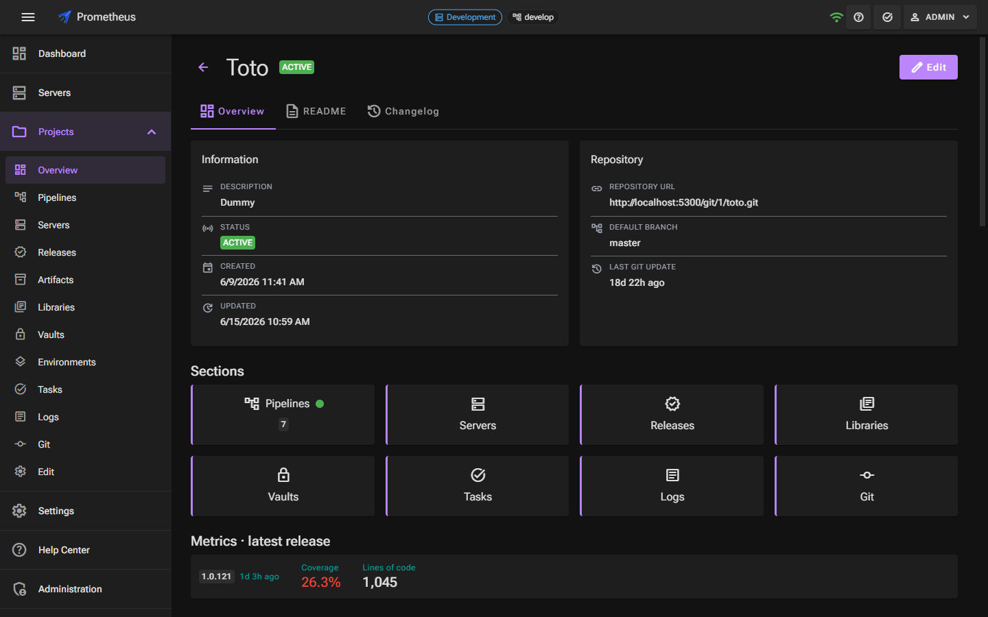 A project overview with information and repository panels, section shortcuts, and latest-release metrics including coverage.