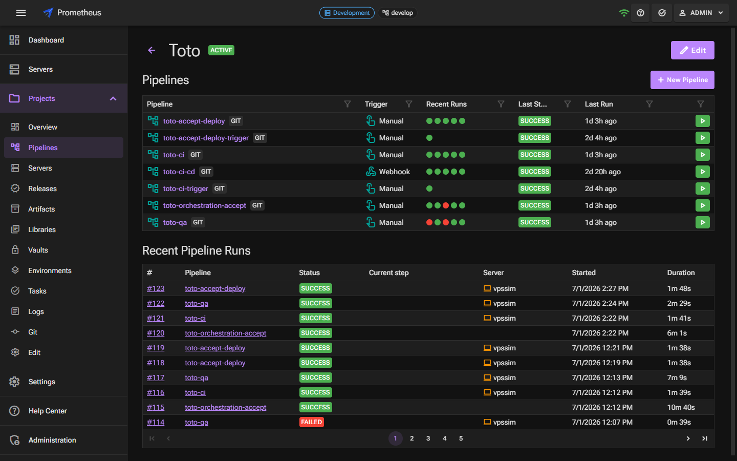 A project pipelines list with recent-run sparklines and status badges, above a table of recent runs with durations.