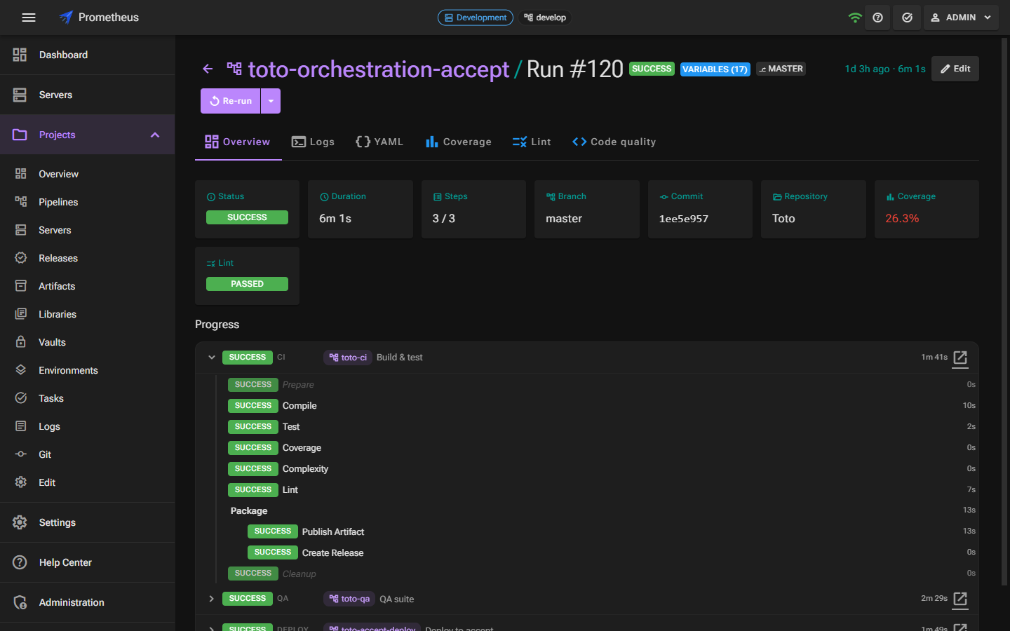A pipeline run page in Aetheus: a recursive timeline where the CI stage is expanded into Compile, Test, Coverage, Lint and Package steps, all green.